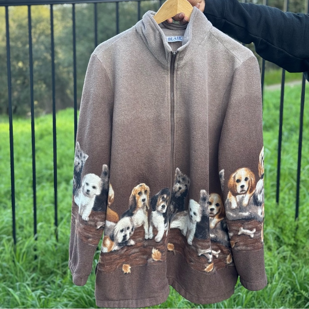 Unisex Vintage 90’s Blair Puppy Dog Fleece All Over Print Zip Up Jacket XL